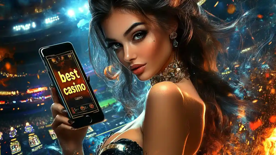 A woman holding a phone showcasing the bee999 casino app in a vibrant stadium-like setting.